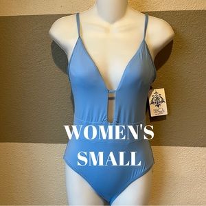 NWT BECCA Women’s Small Blue One Piece Swimsuit Bathing Suit Plunge V Neck